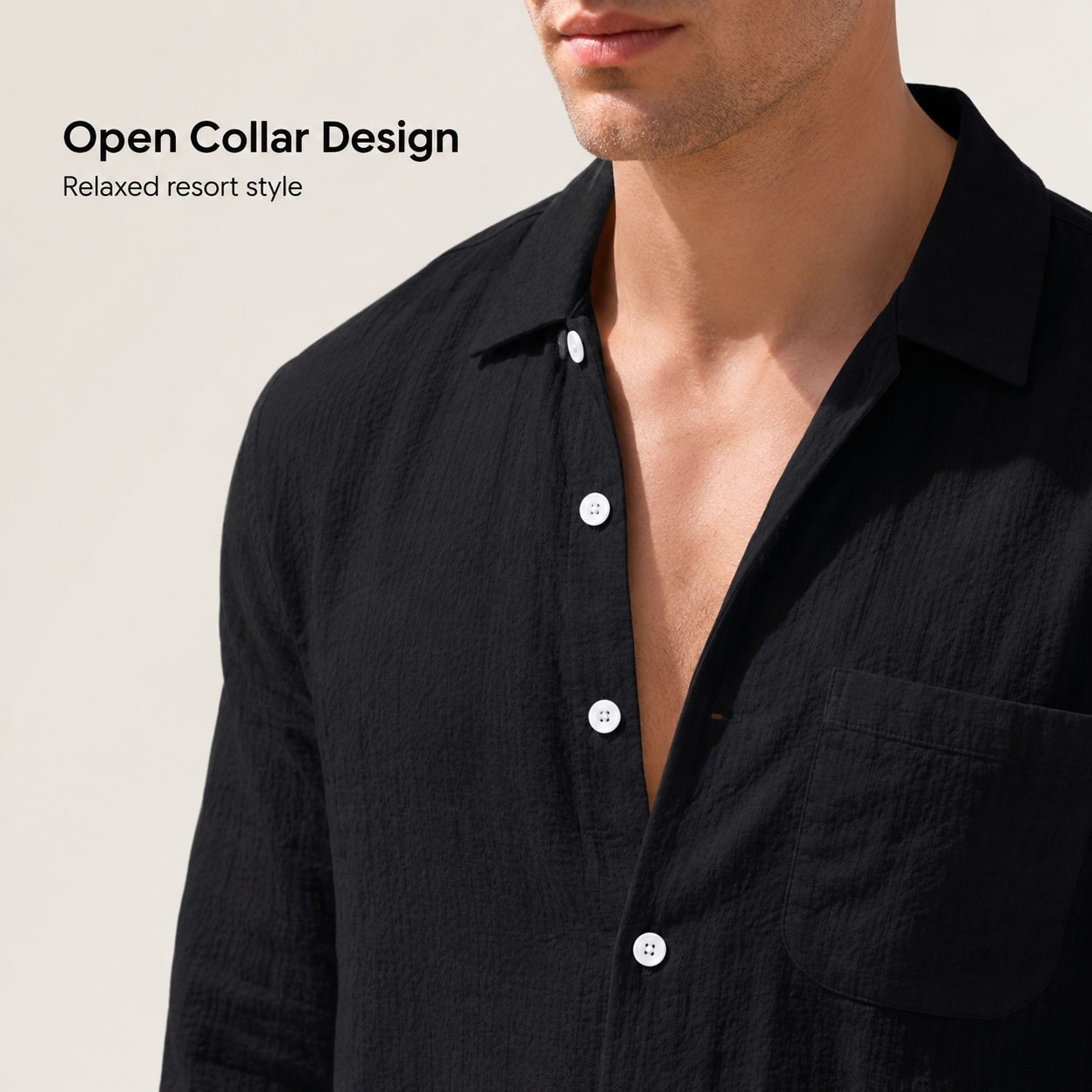 Open collar and button placket detail on textured resort shirt