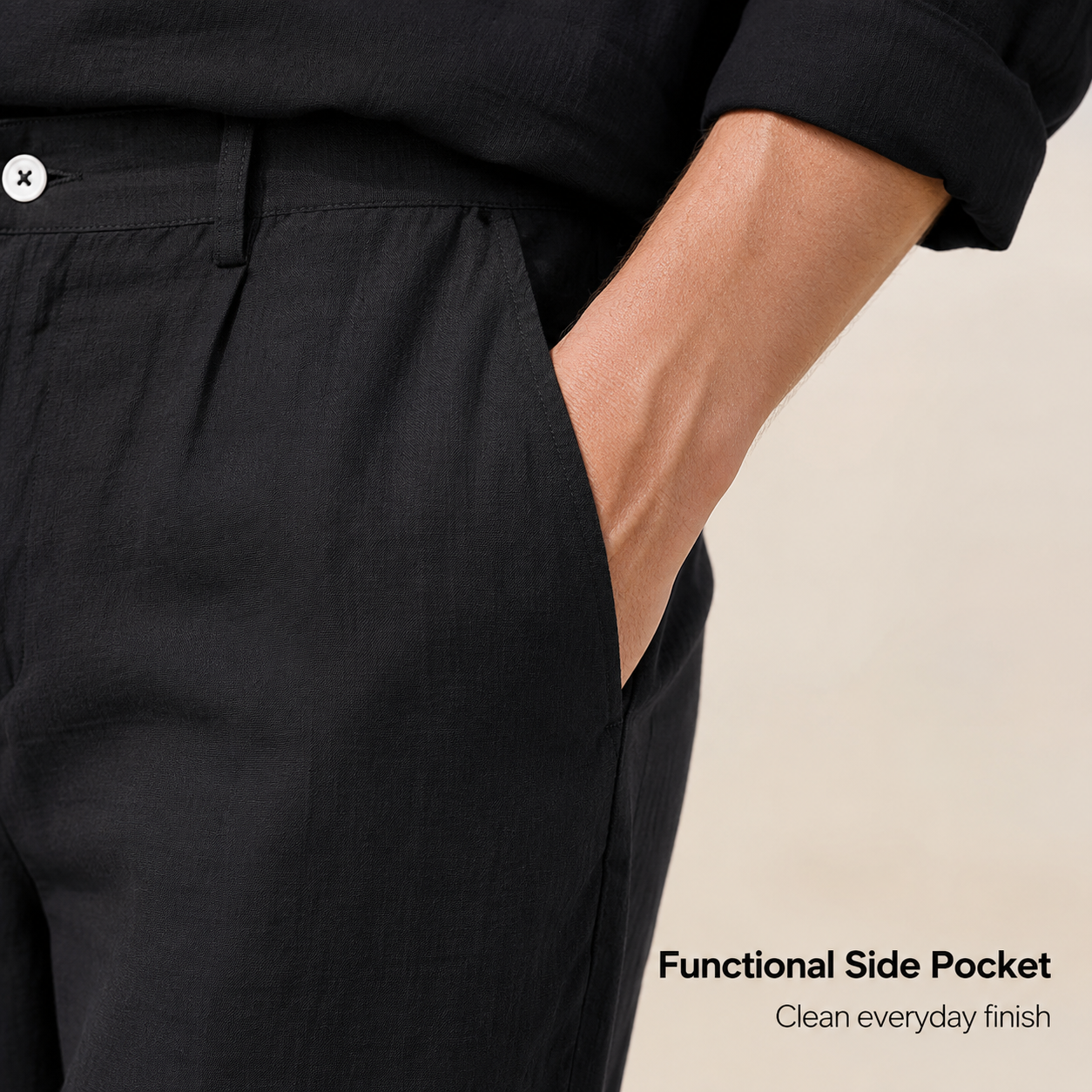 Side pocket and clean stitching detail on matching pants