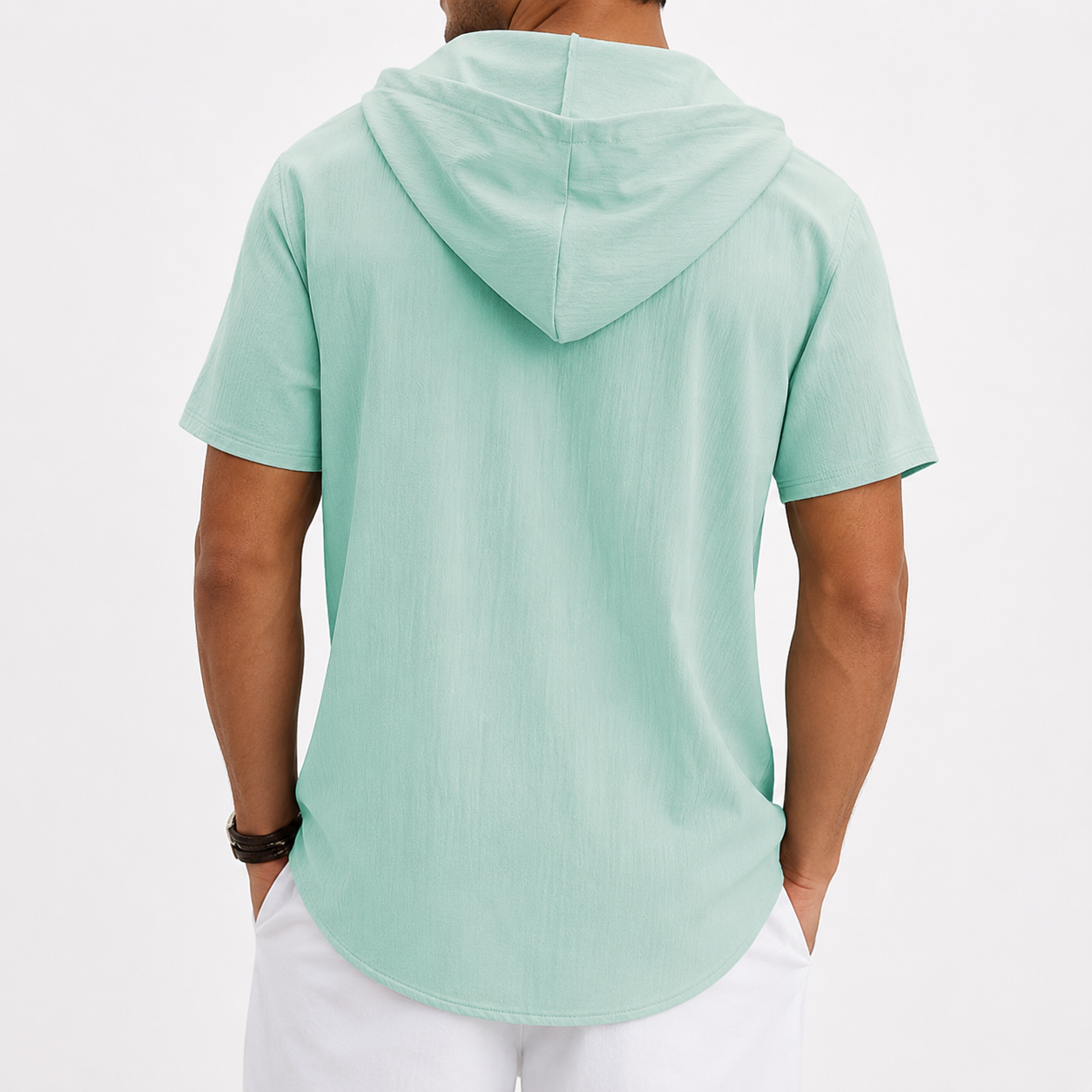 Seafoam green hooded button-front shirt back view