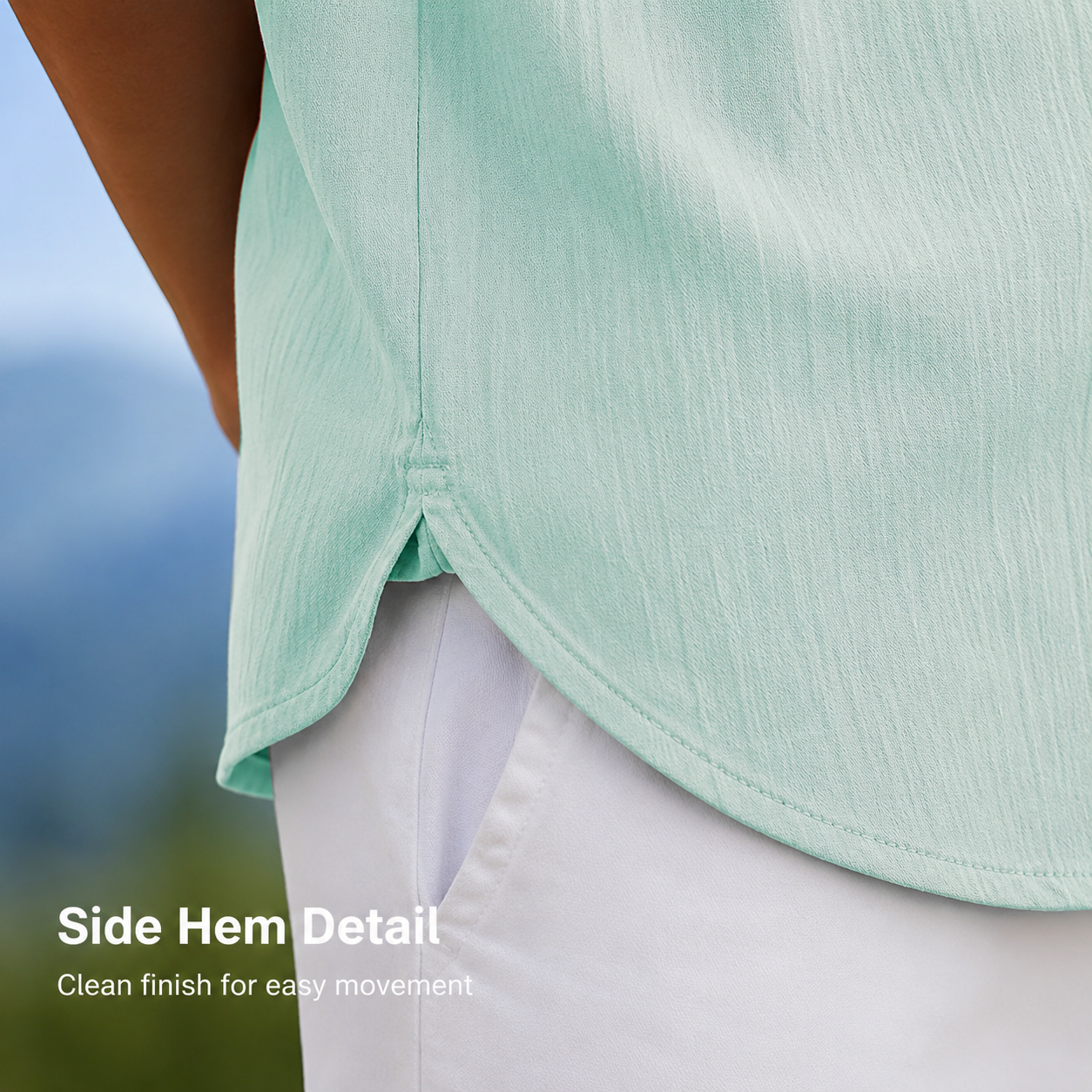 Side hem detail with clean stitched edge
