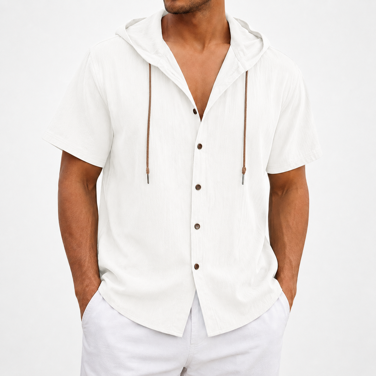 White hooded button-front shirt front view