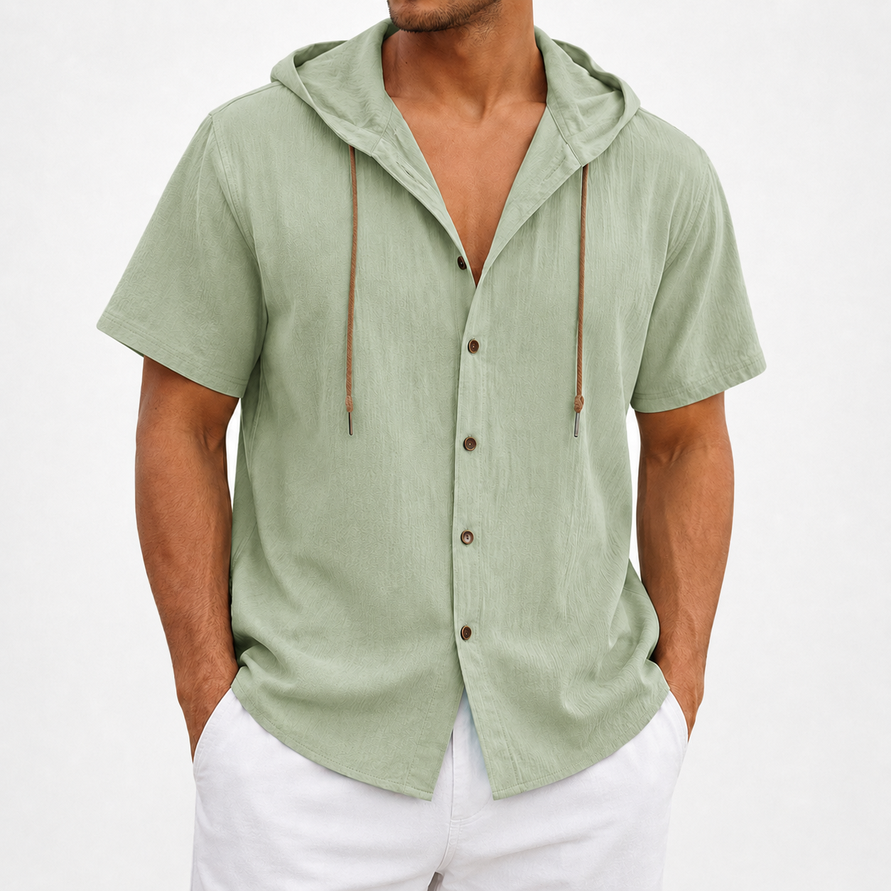 Sage green hooded button-front shirt front view