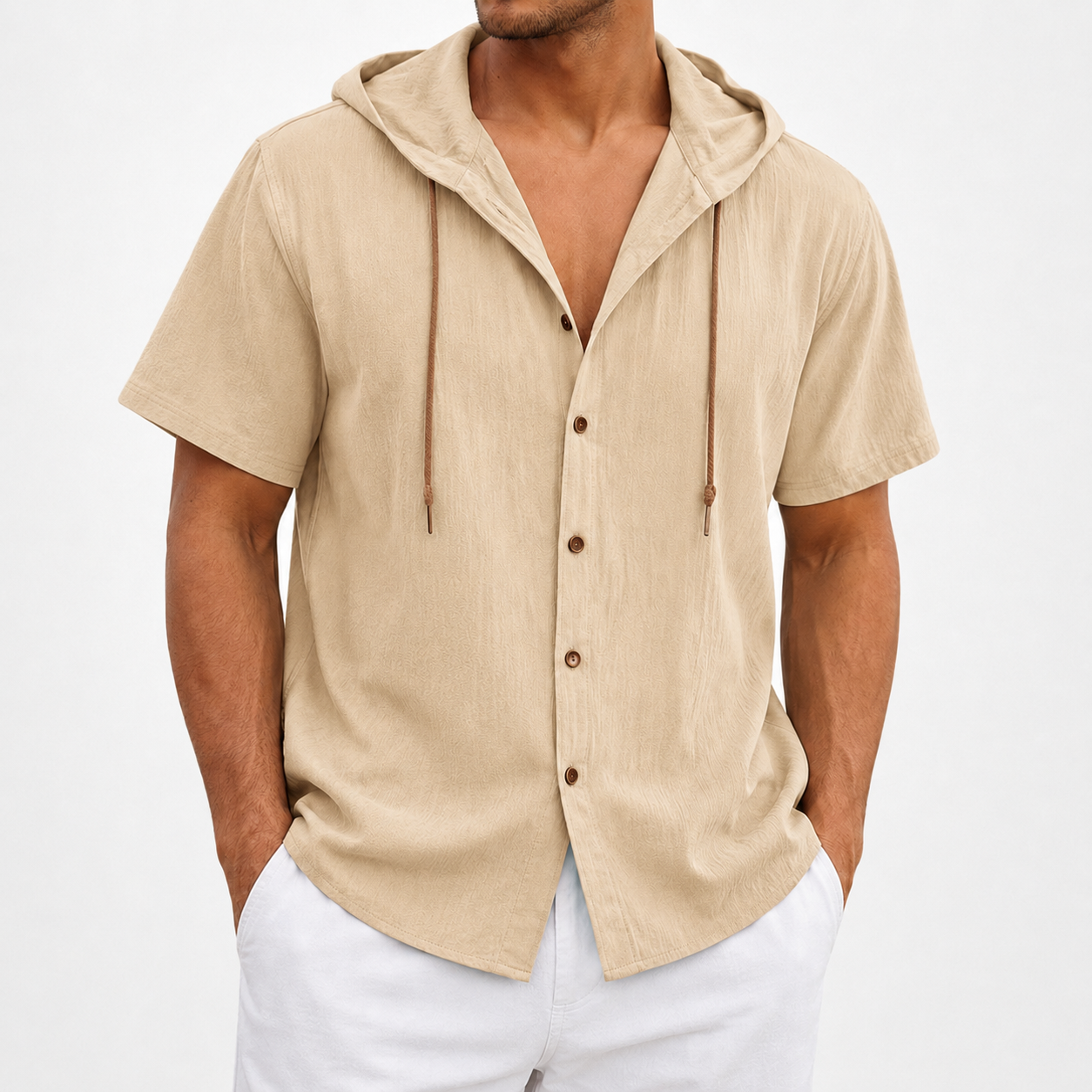 Sand beige hooded button-front shirt front view