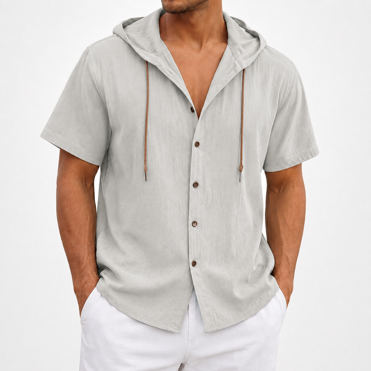 Light gray hooded button-front shirt front view
