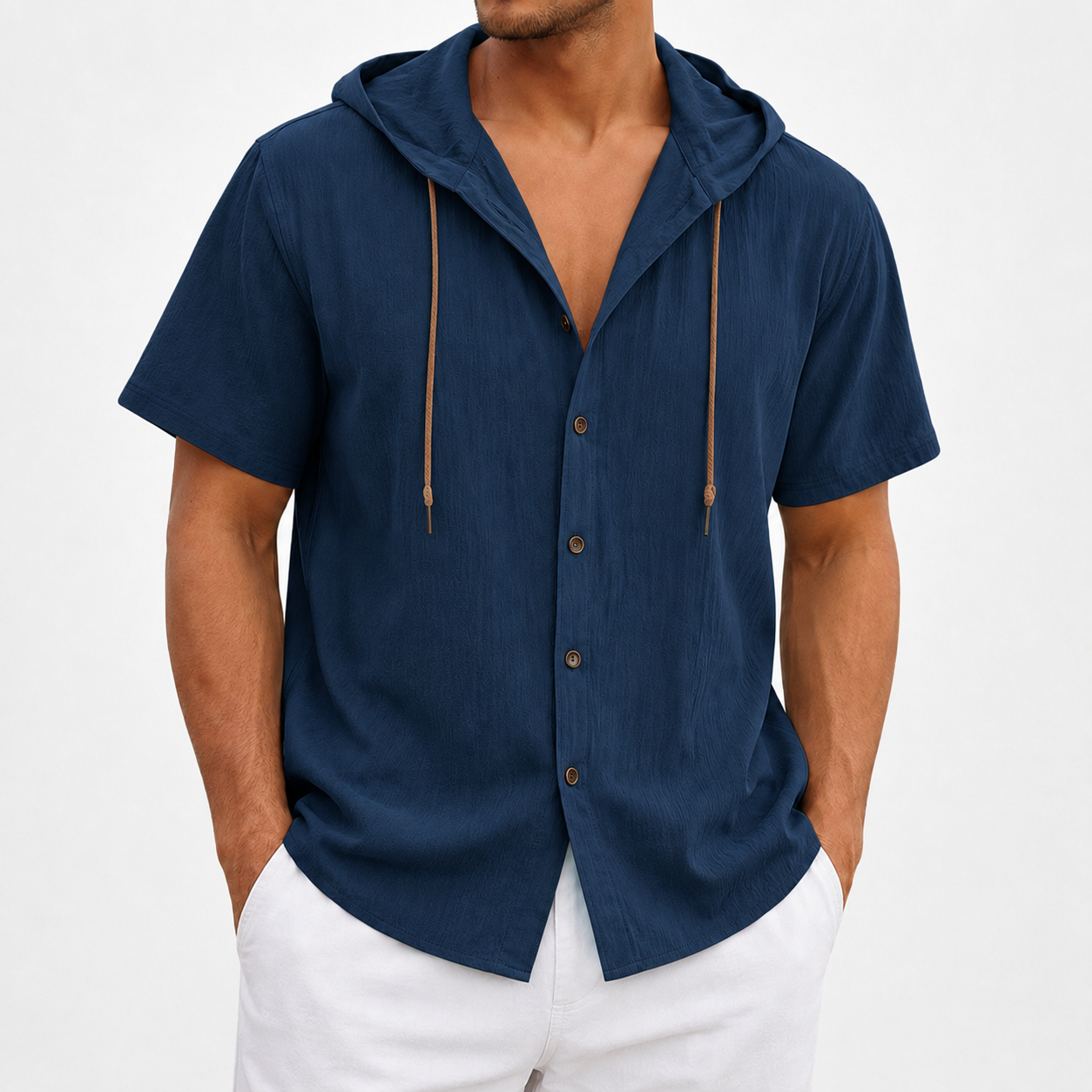 Navy blue hooded button-front shirt front view