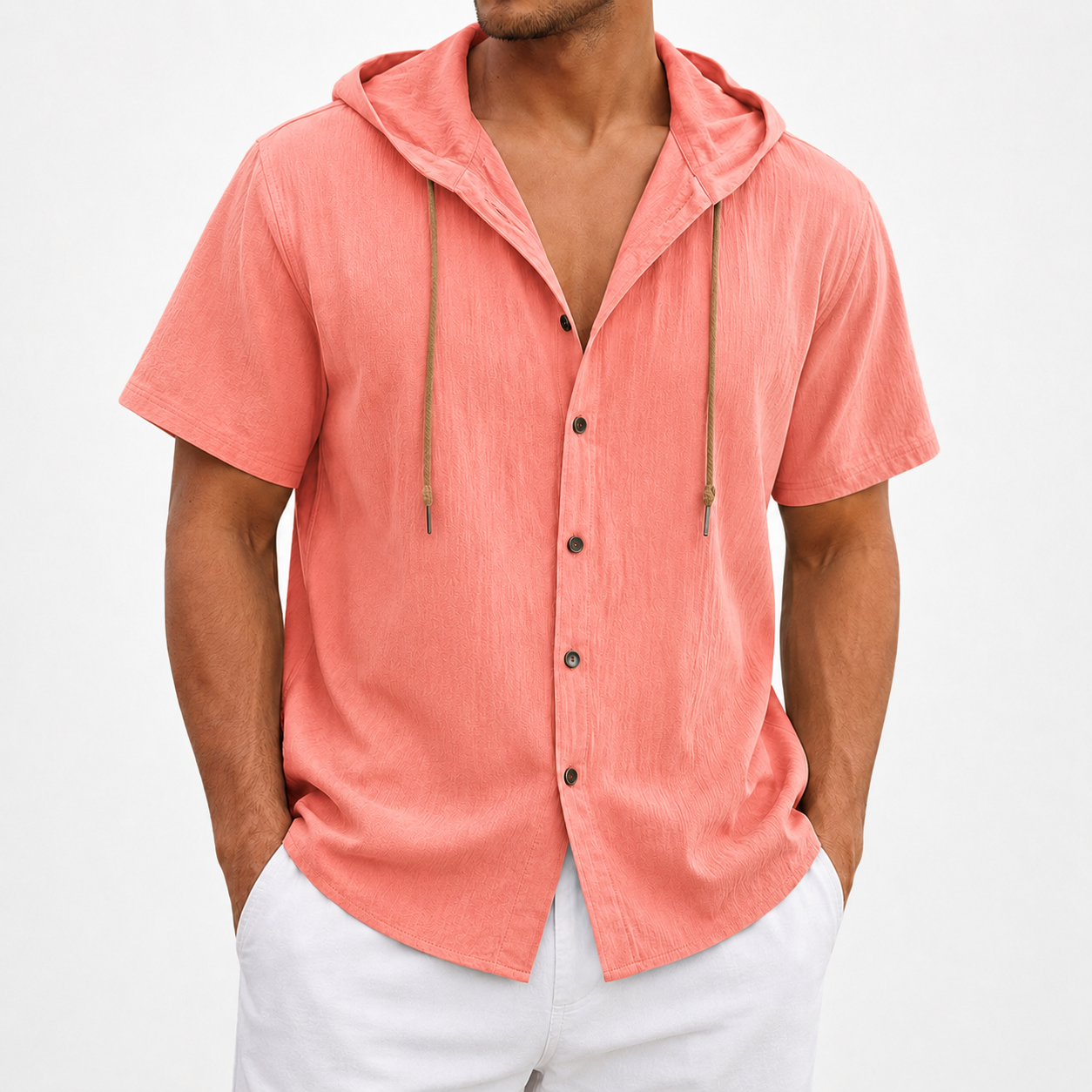 Coral pink hooded button-front shirt front view