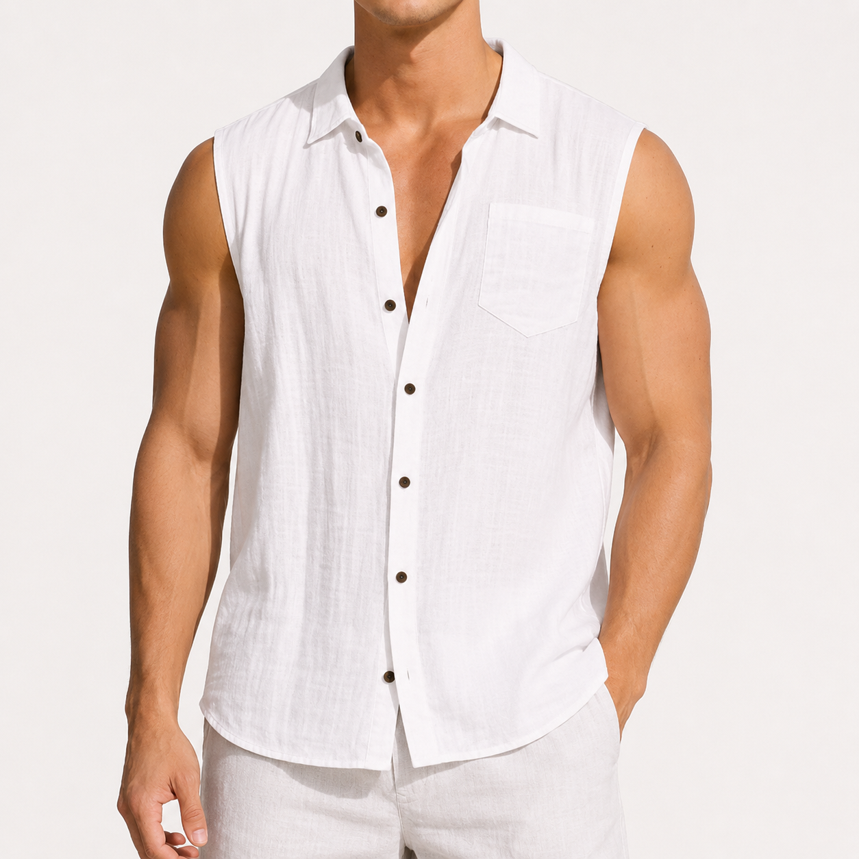 White men's sleeveless button-up shirt and shorts 8-pack