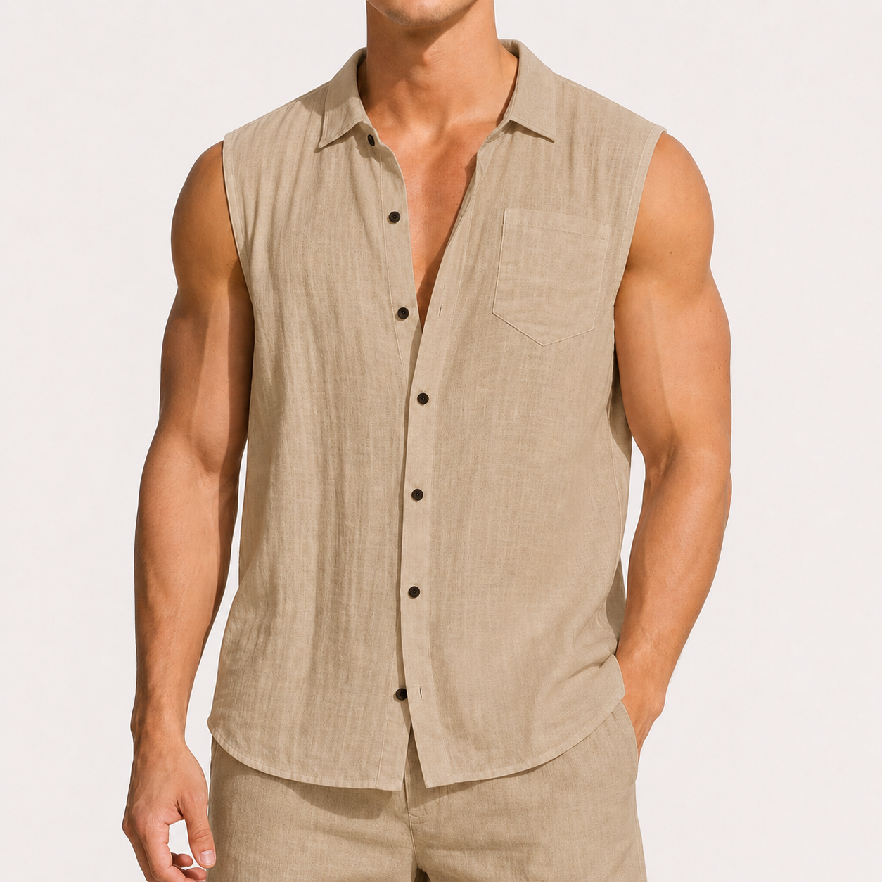 Khaki Beige men's sleeveless button-up shirt and shorts 8-pack