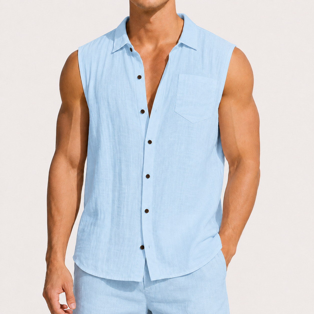 Light Sky Blue men's sleeveless button-up shirt and shorts 8-pack