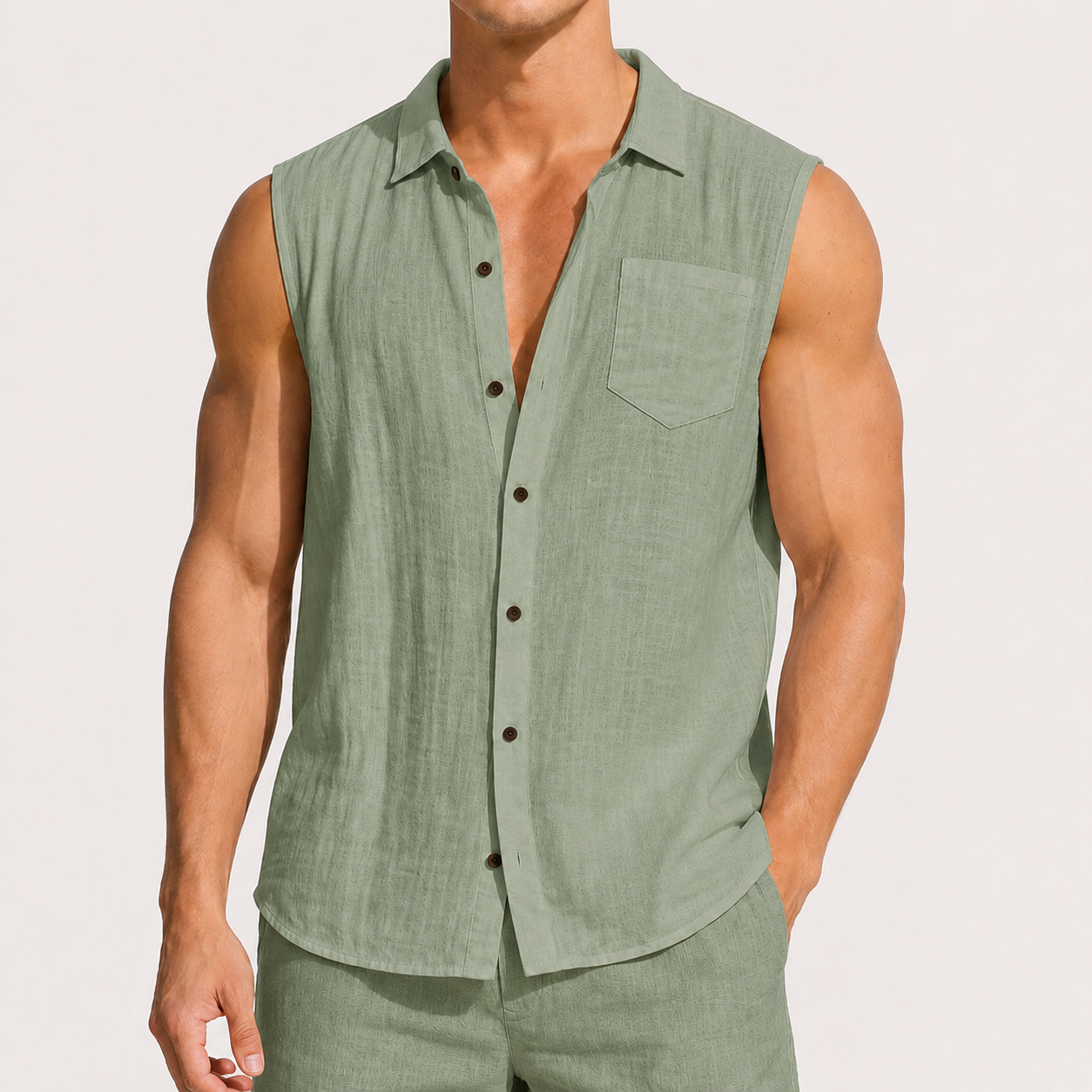 Sage Green men's sleeveless button-up shirt and shorts 8-pack