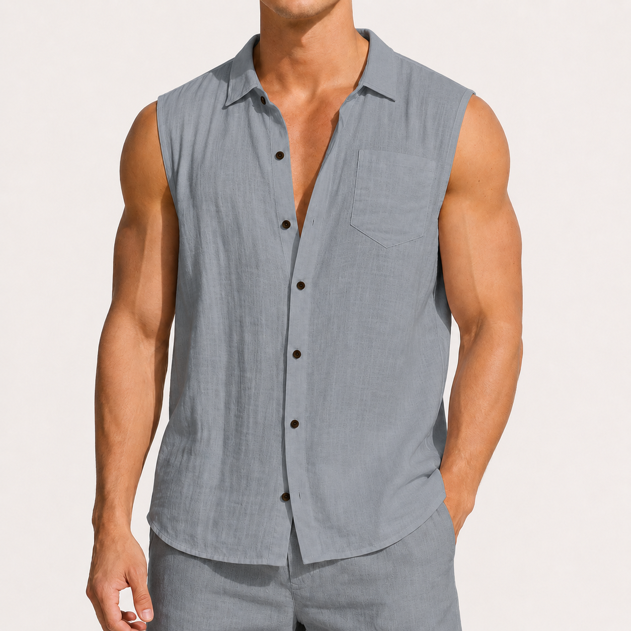 Steel Gray men's sleeveless button-up shirt and shorts 8-pack