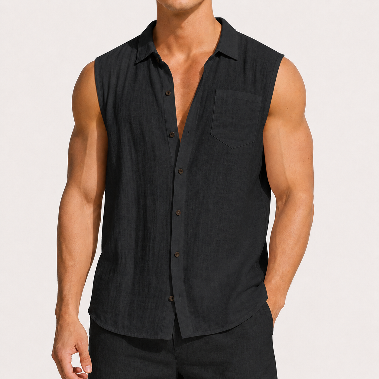 Charcoal Black men's sleeveless button-up shirt and shorts 8-pack