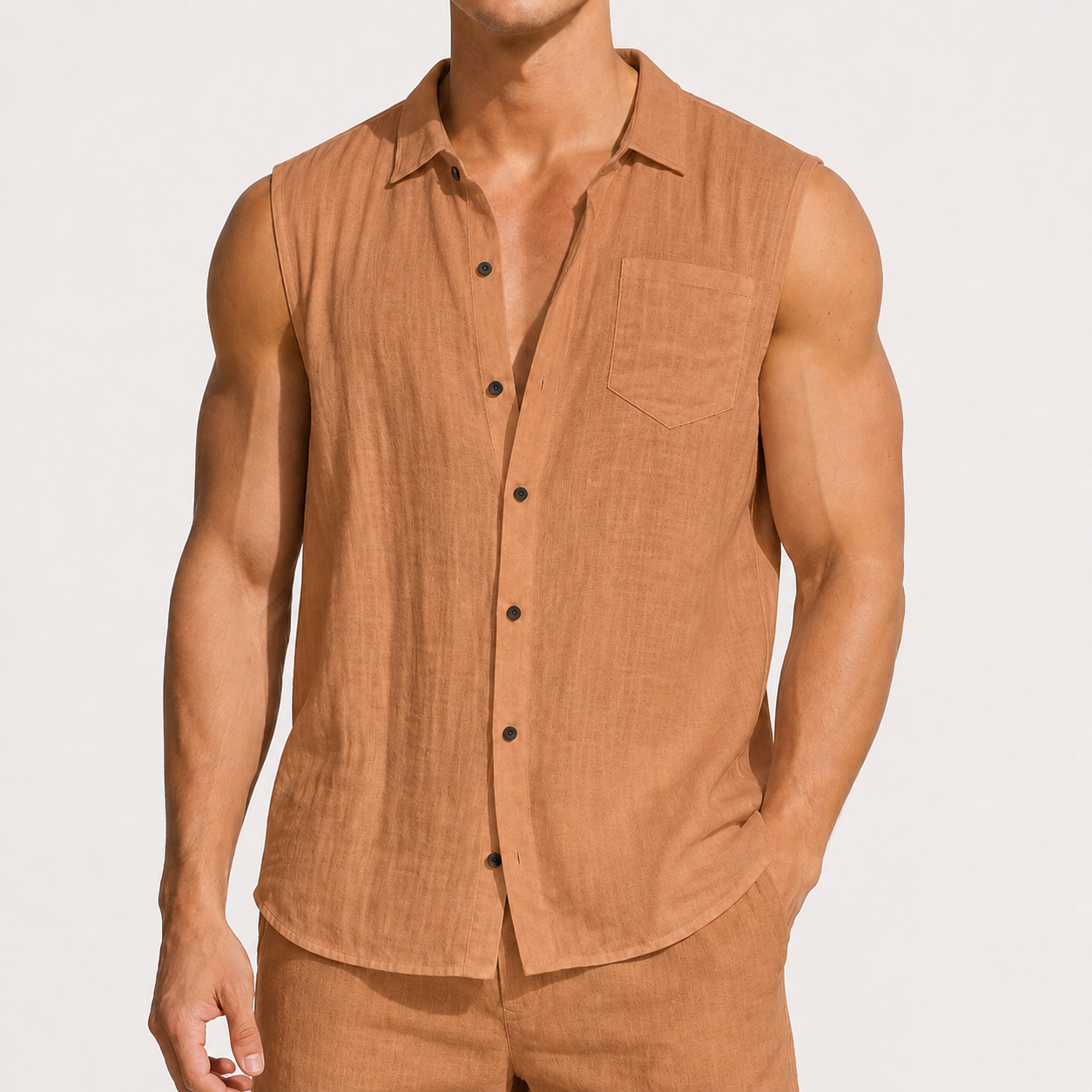 Camel Brown men's sleeveless button-up shirt and shorts 8-pack