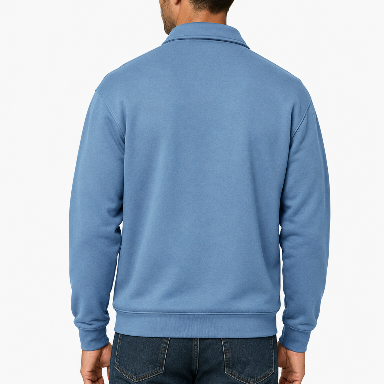 Sky blue mens quarter zip pullover sweatshirt back view