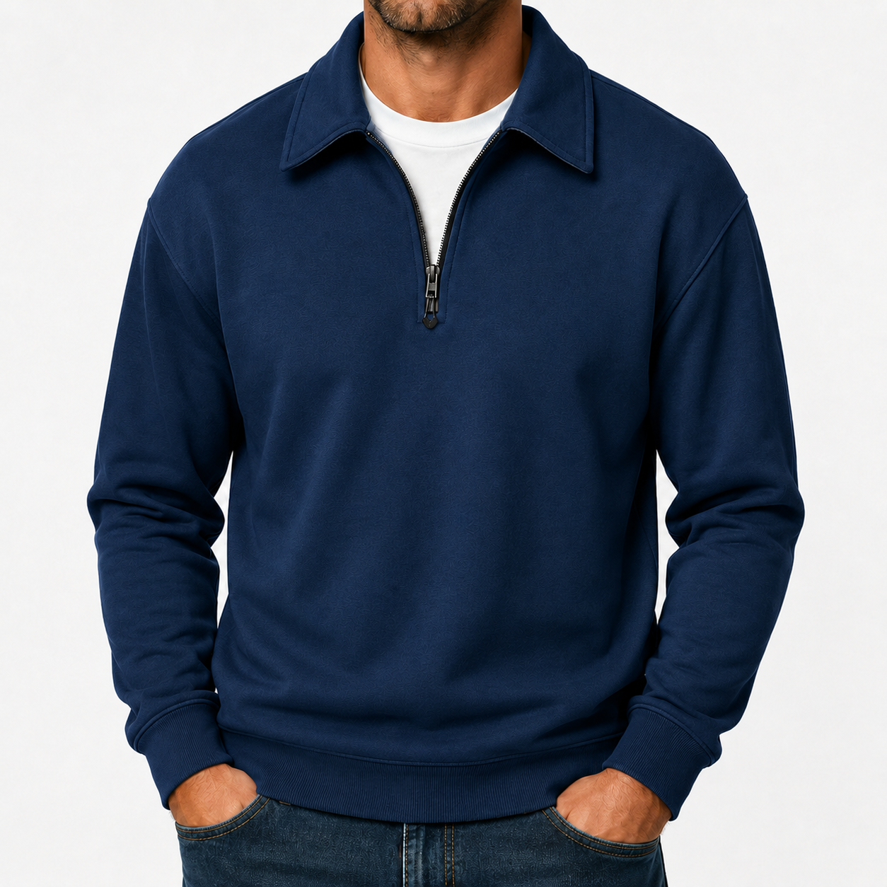 Navy blue mens quarter zip pullover sweatshirt
