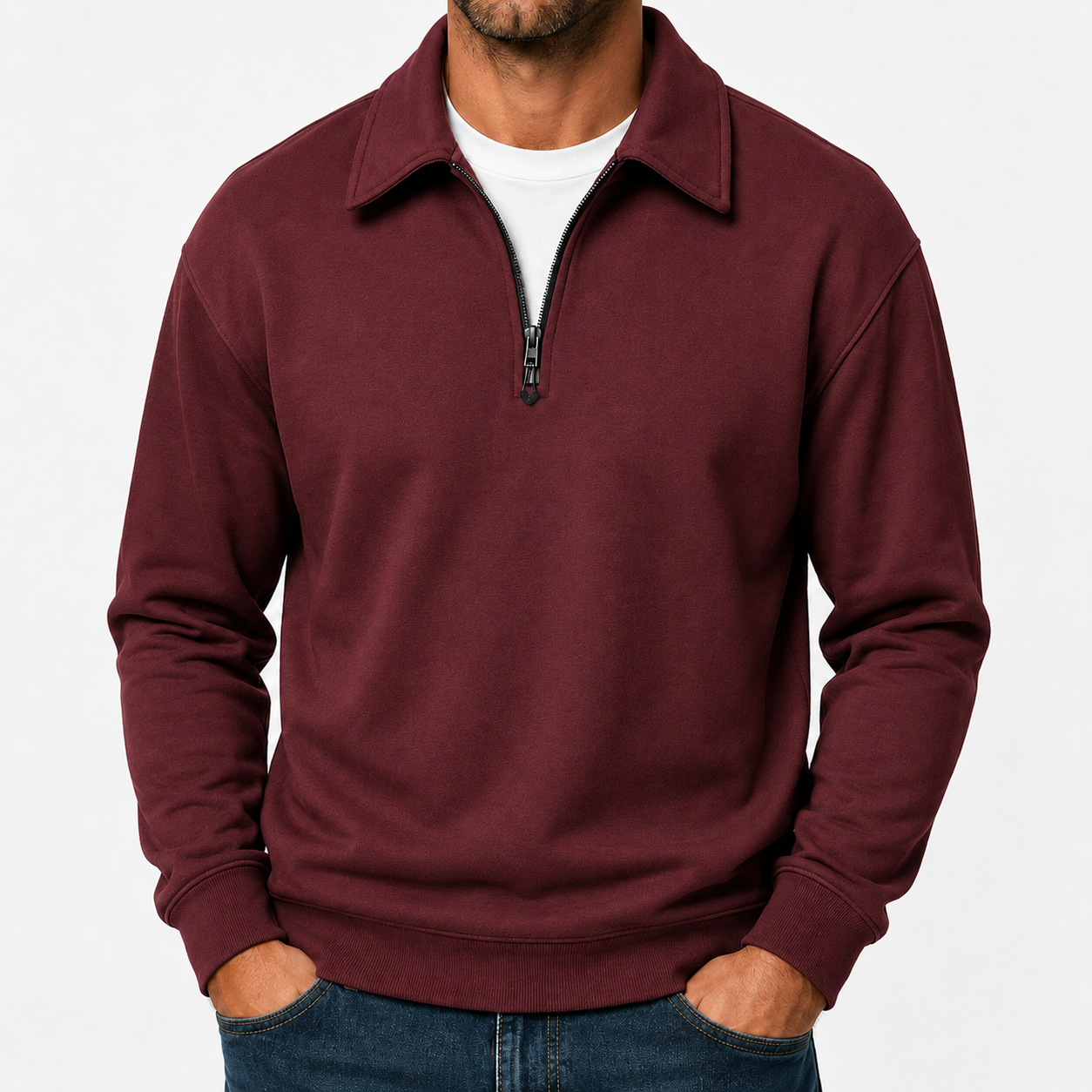 Burgundy mens quarter zip pullover sweatshirt