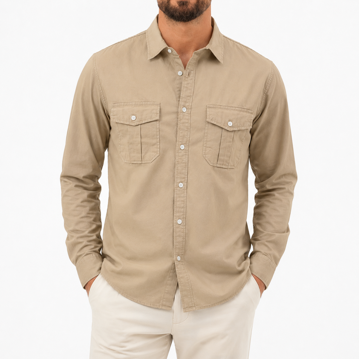Khaki tan mens utility shirt front view