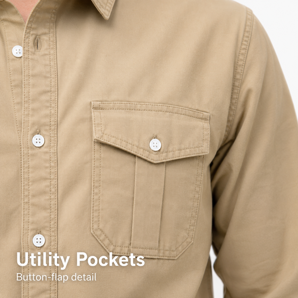 Button flap chest pocket detail on mens utility shirt