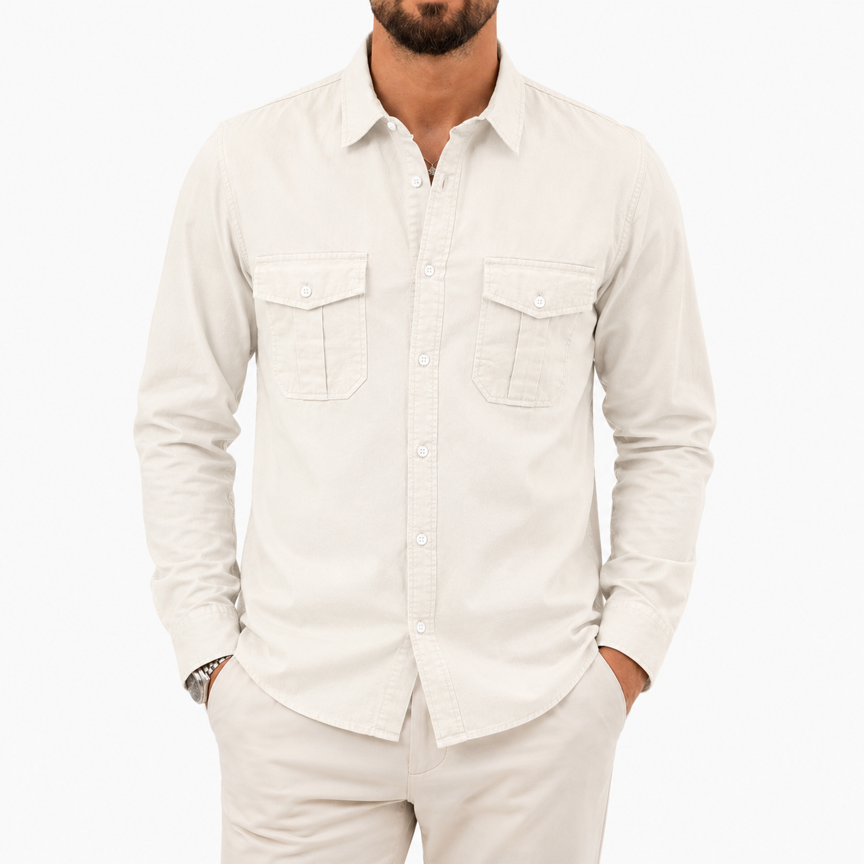 Ivory white mens utility shirt front view