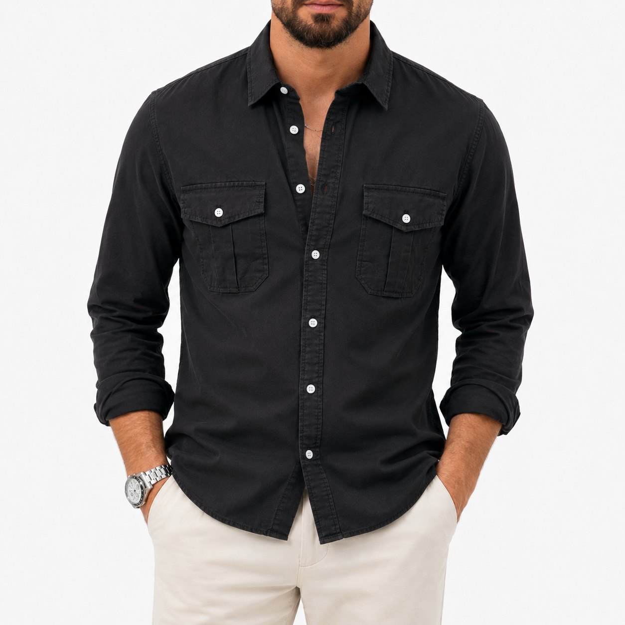 Washed black mens utility shirt front view