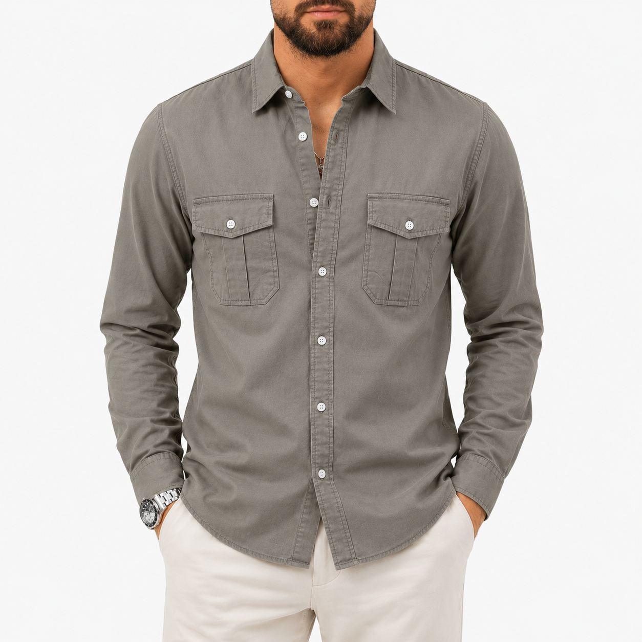 Stone gray mens utility shirt front view