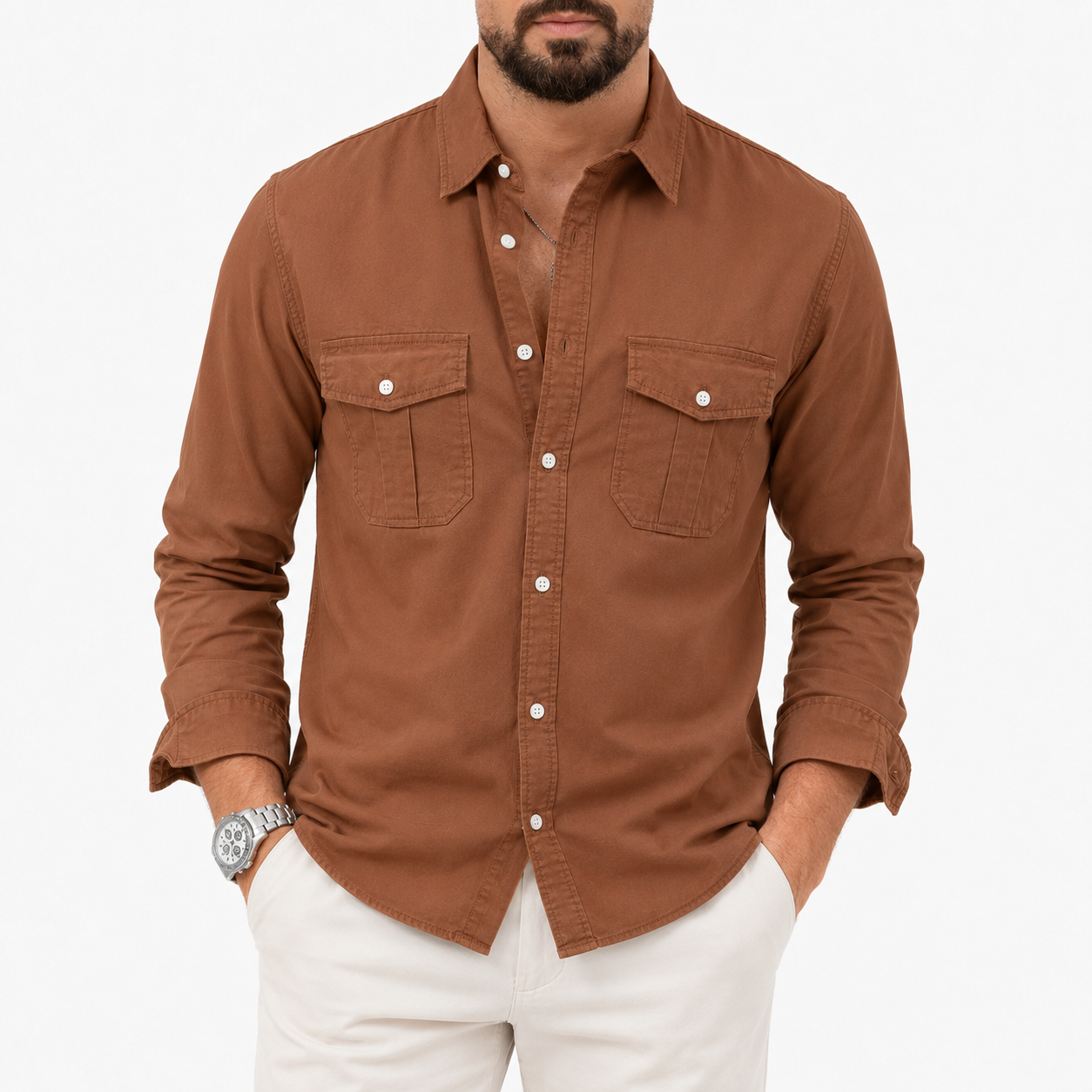 Clay brown mens utility shirt front view