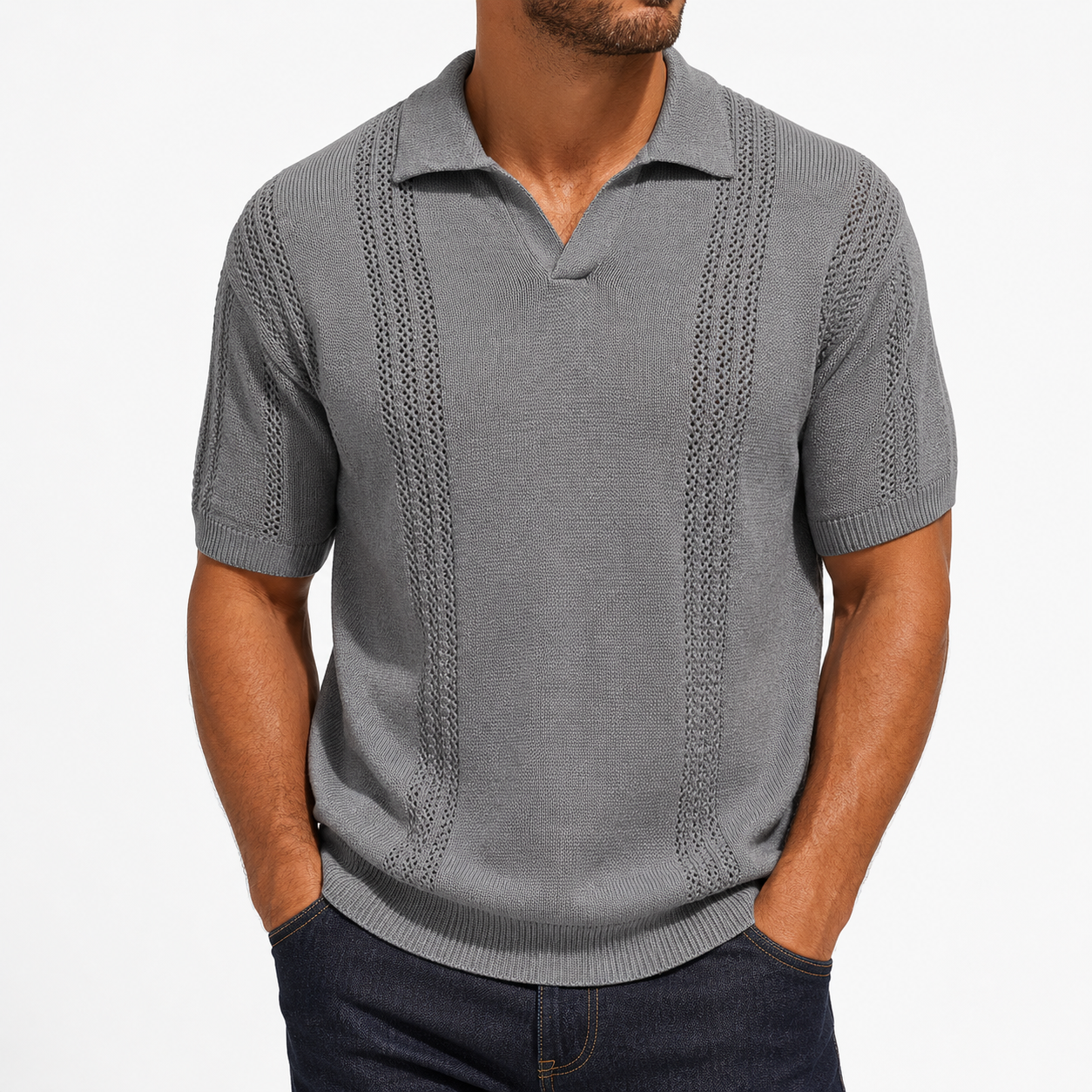 Men's heather gray textured knit polo front view