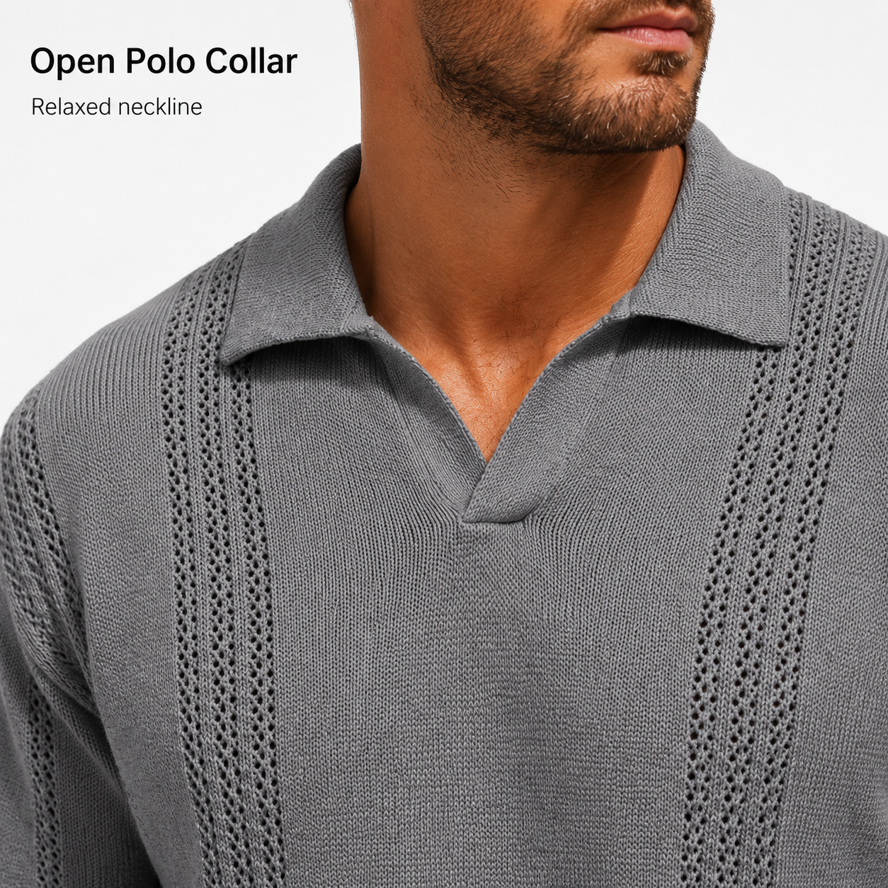 Men's textured knit polo open collar detail