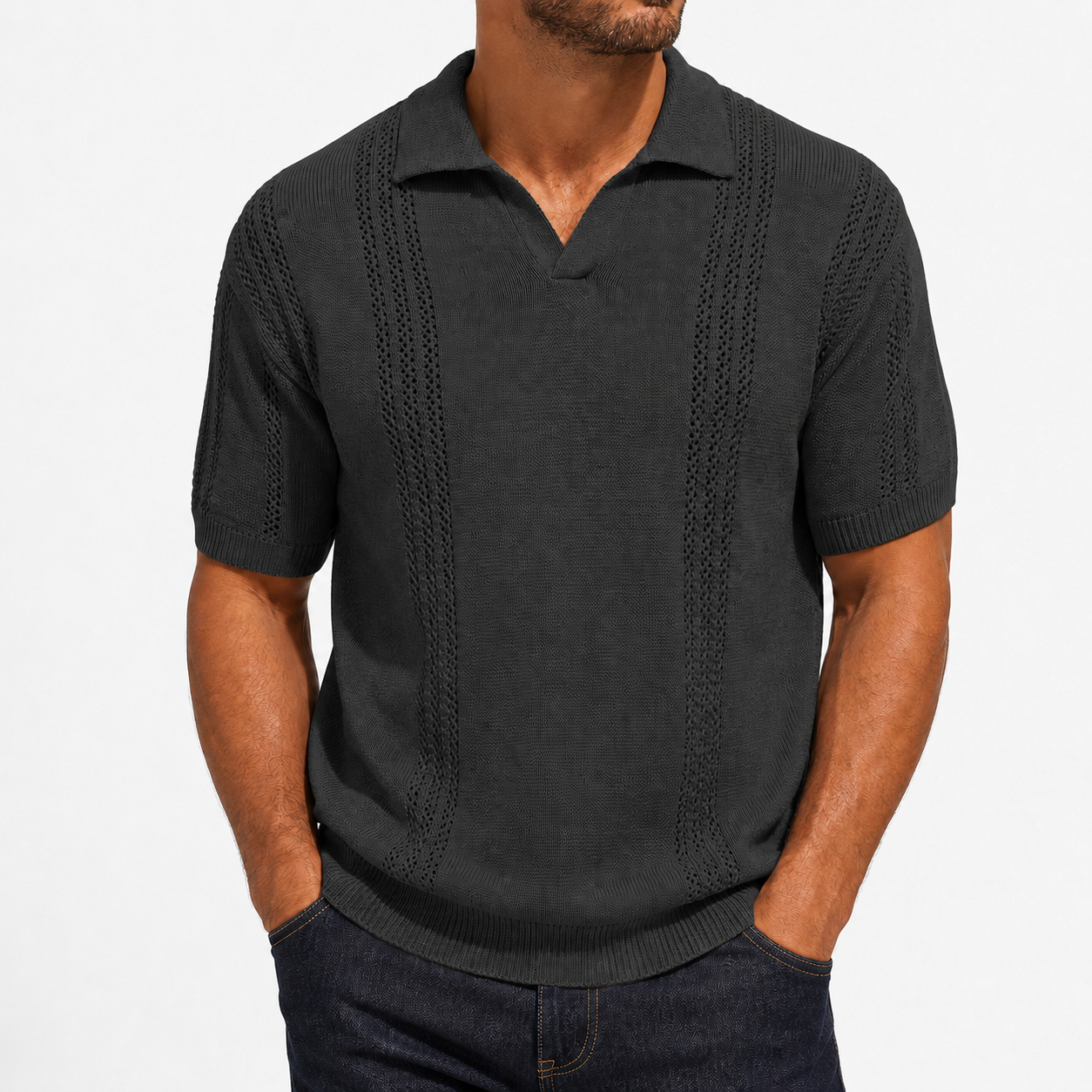 Men's charcoal textured knit polo front view