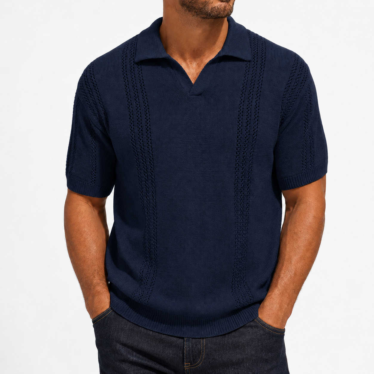 Men's navy textured knit polo front view