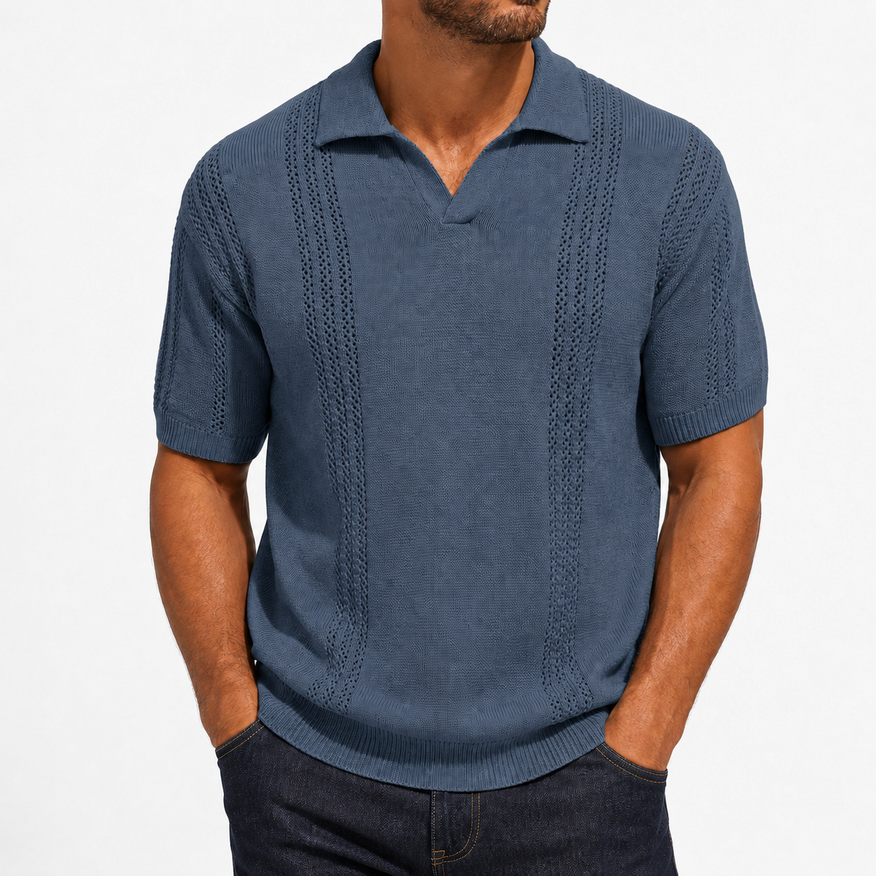 Men's slate blue textured knit polo front view