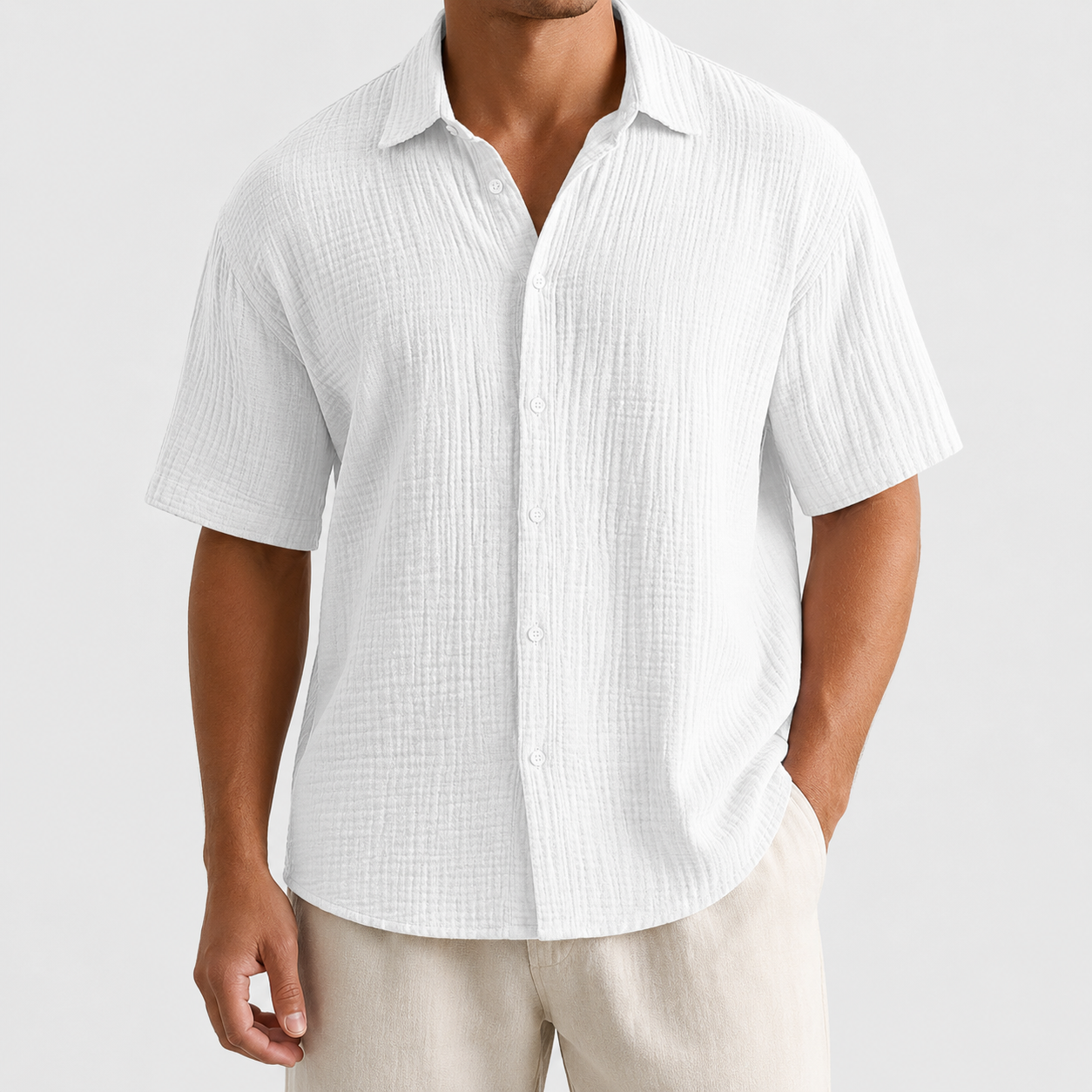White textured button front shirt front view