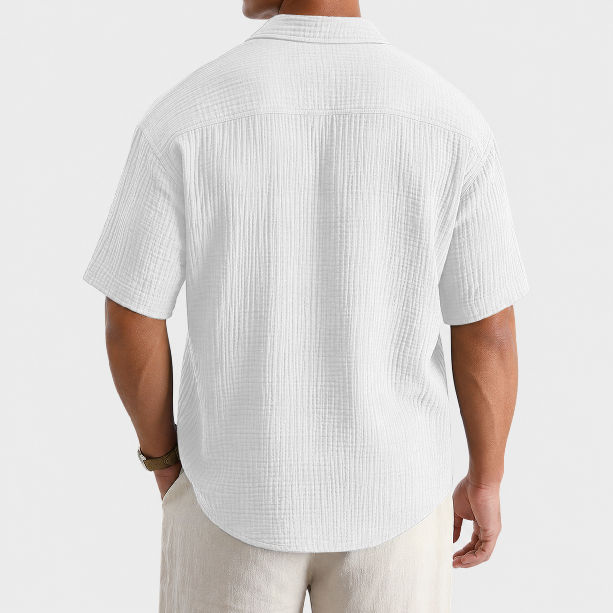 White textured button front shirt back view