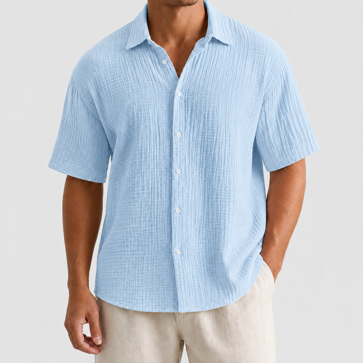 Light Blue textured button front shirt