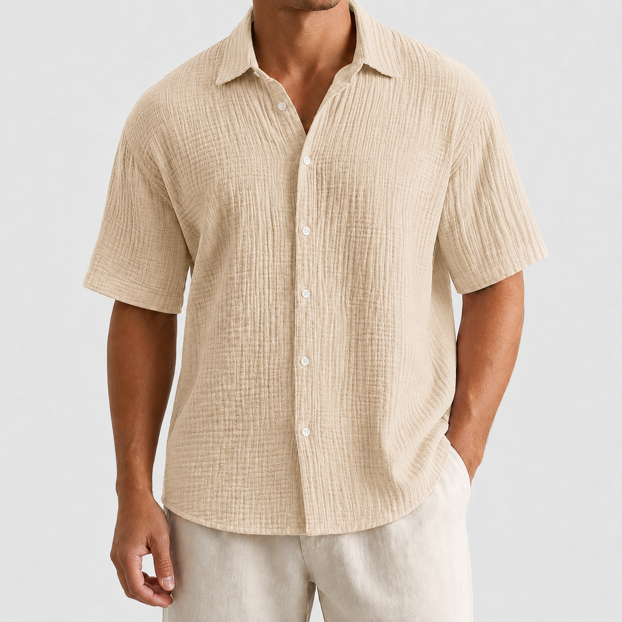 Sand Beige textured button front shirt