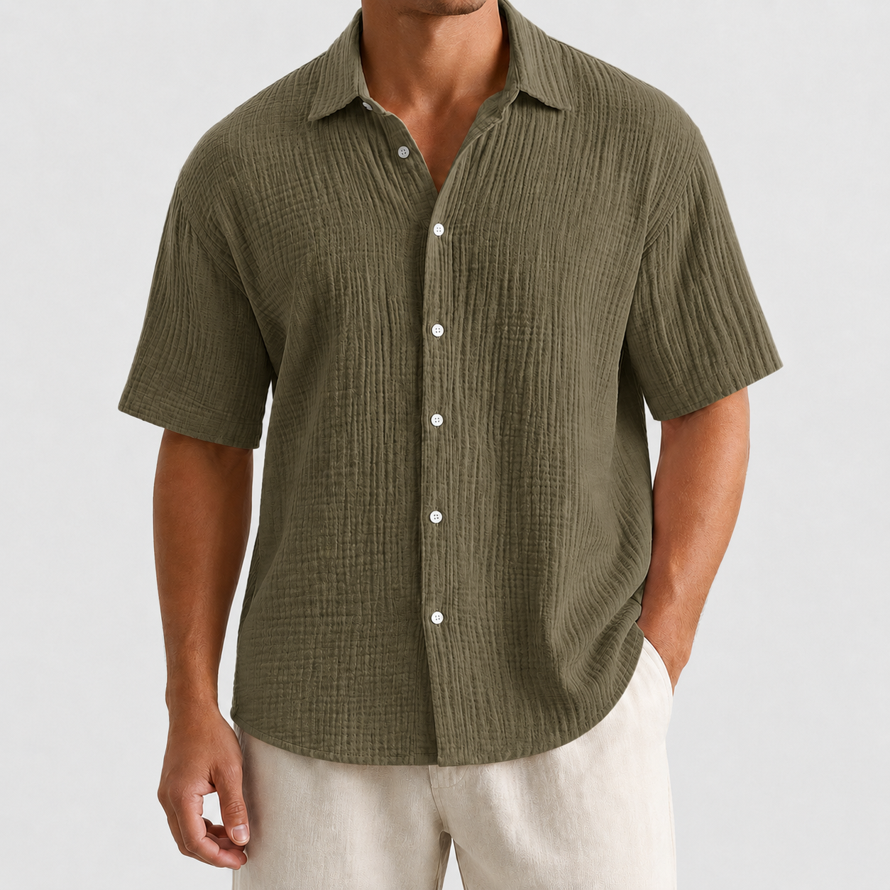 Olive Brown textured button front shirt