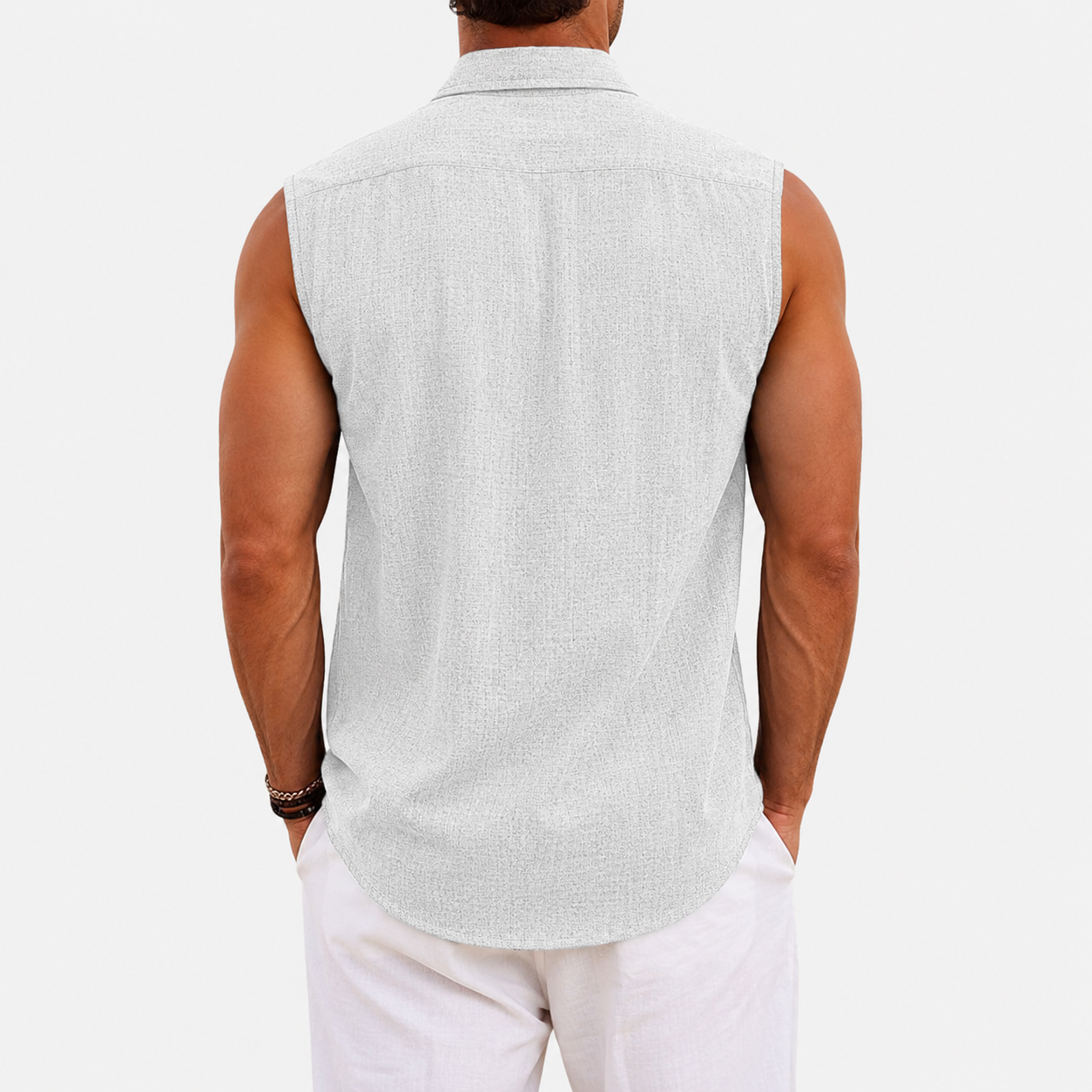 Back view of men's textured sleeveless button up shirt