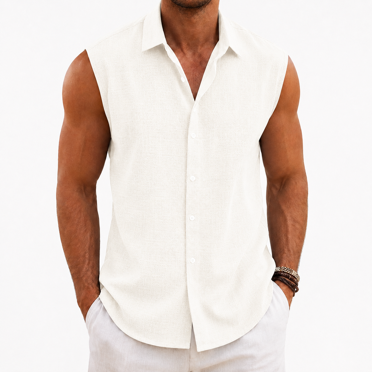 Men's textured sleeveless button up shirt in white