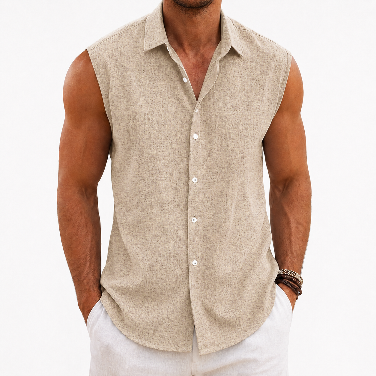 Men's textured sleeveless button up shirt in stone beige