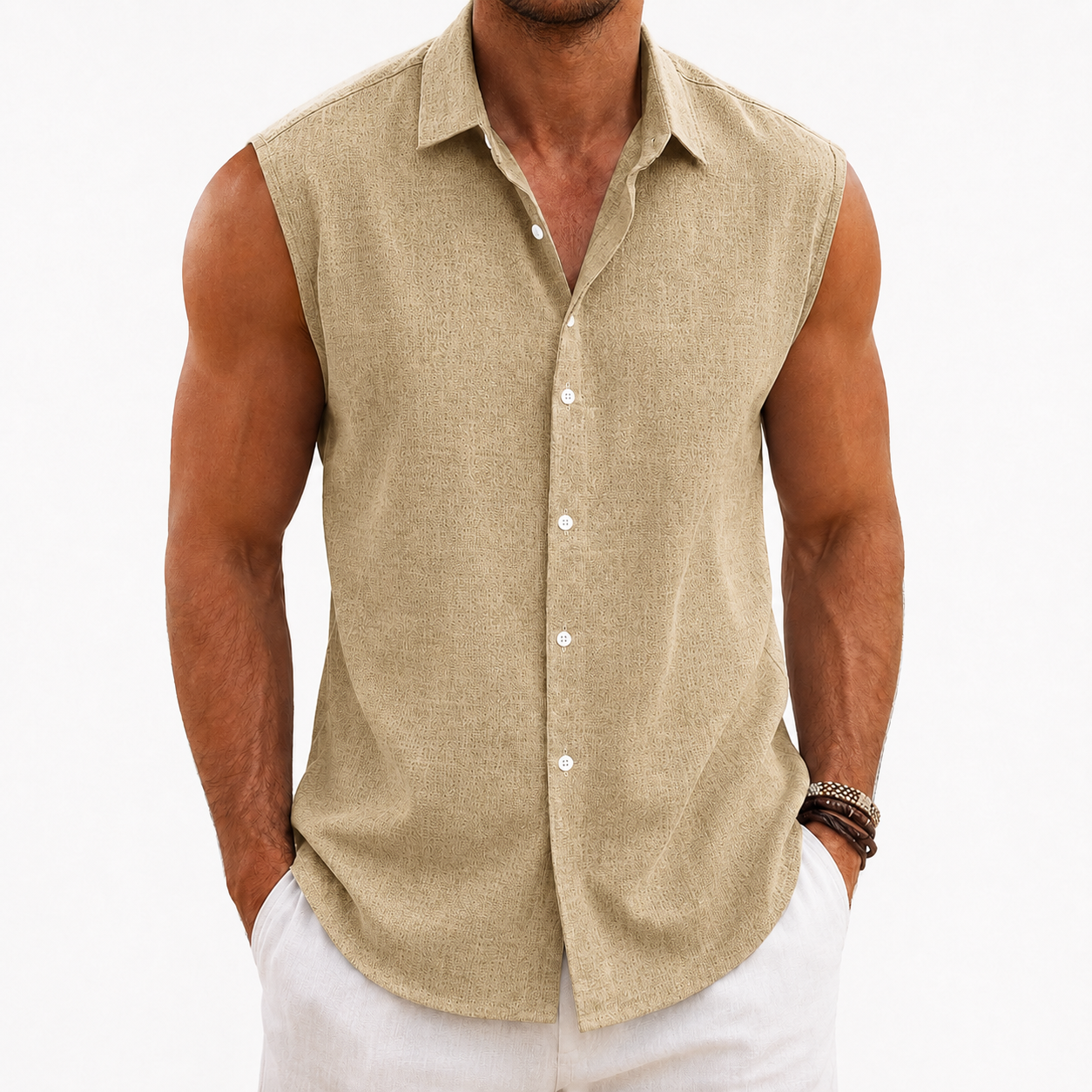 Men's textured sleeveless button up shirt in sand khaki