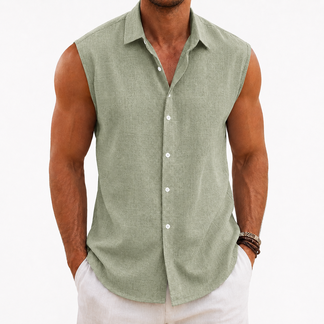 Men's textured sleeveless button up shirt in dusty sage