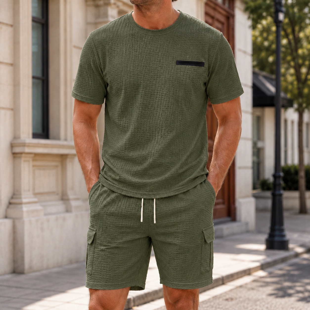 Olive green men's waffle textured T-shirt and cargo shorts set