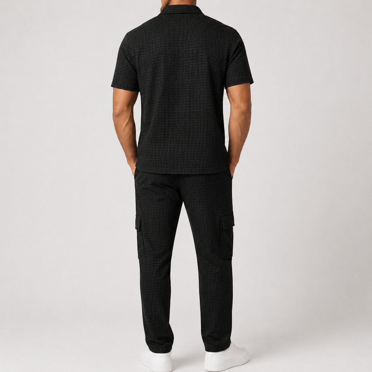 Black textured short sleeve shirt and cargo jogger pants set back view