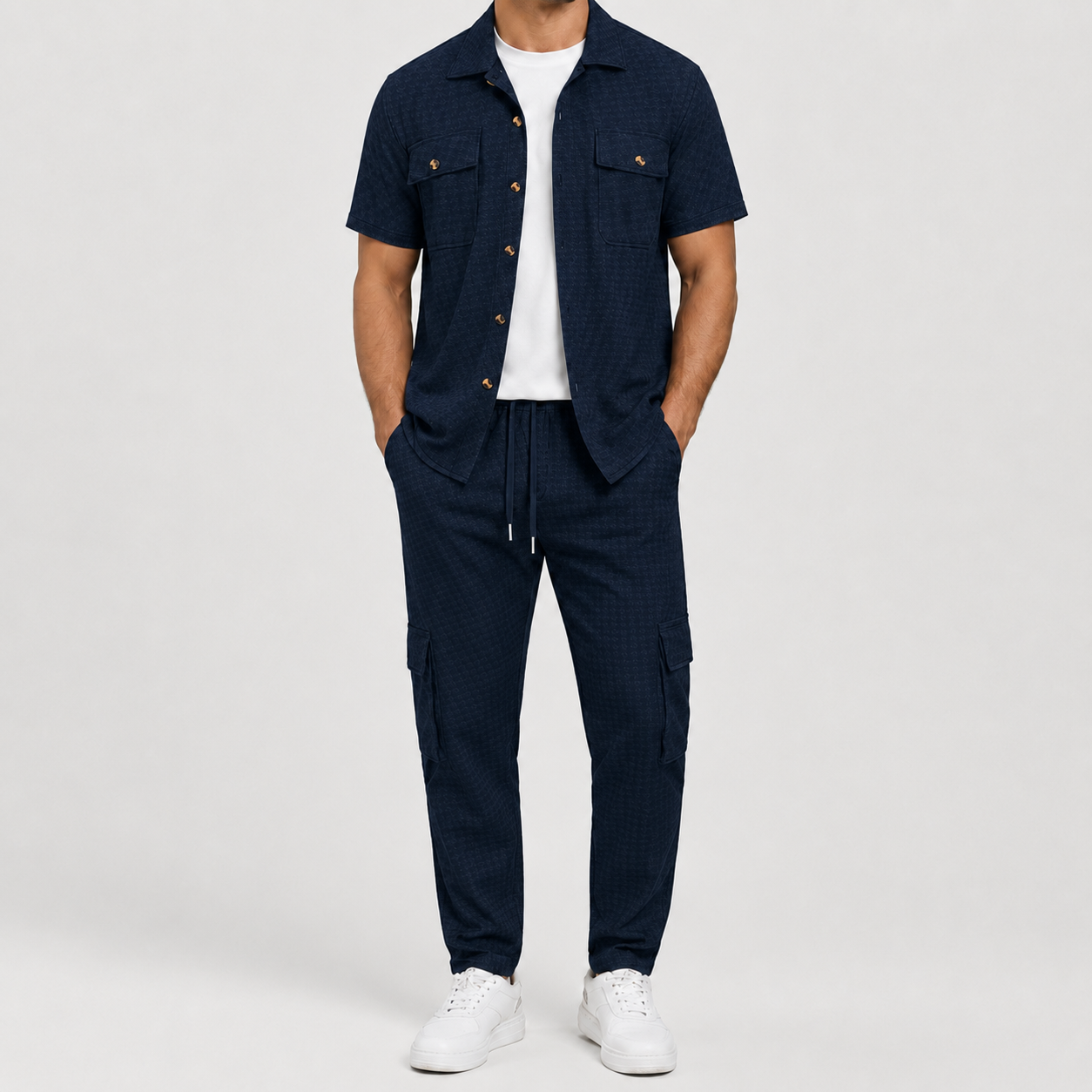Navy textured short sleeve shirt and cargo jogger pants set