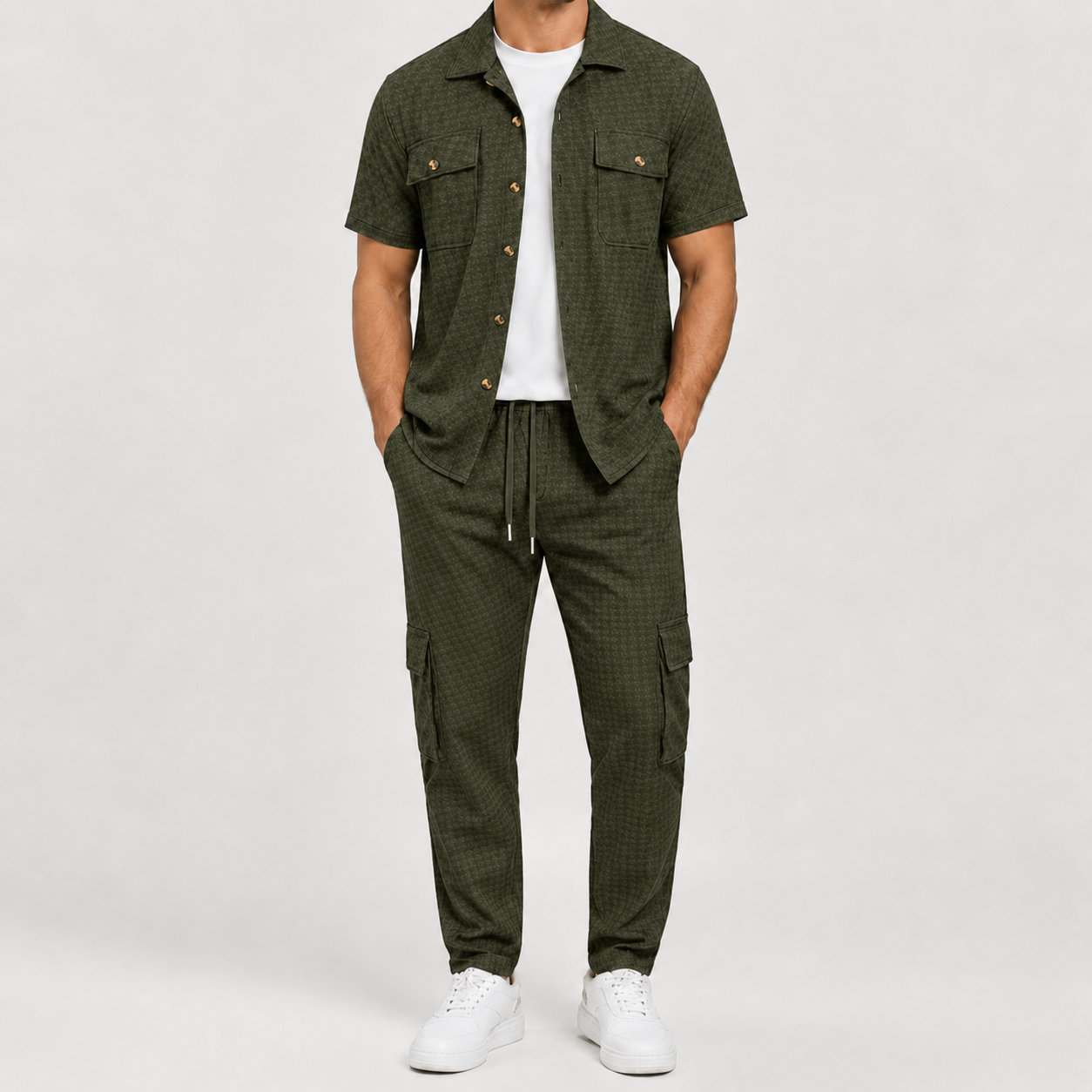 Olive textured short sleeve shirt and cargo jogger pants set