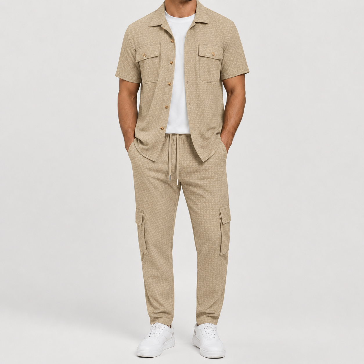 Sand textured short sleeve shirt and cargo jogger pants set