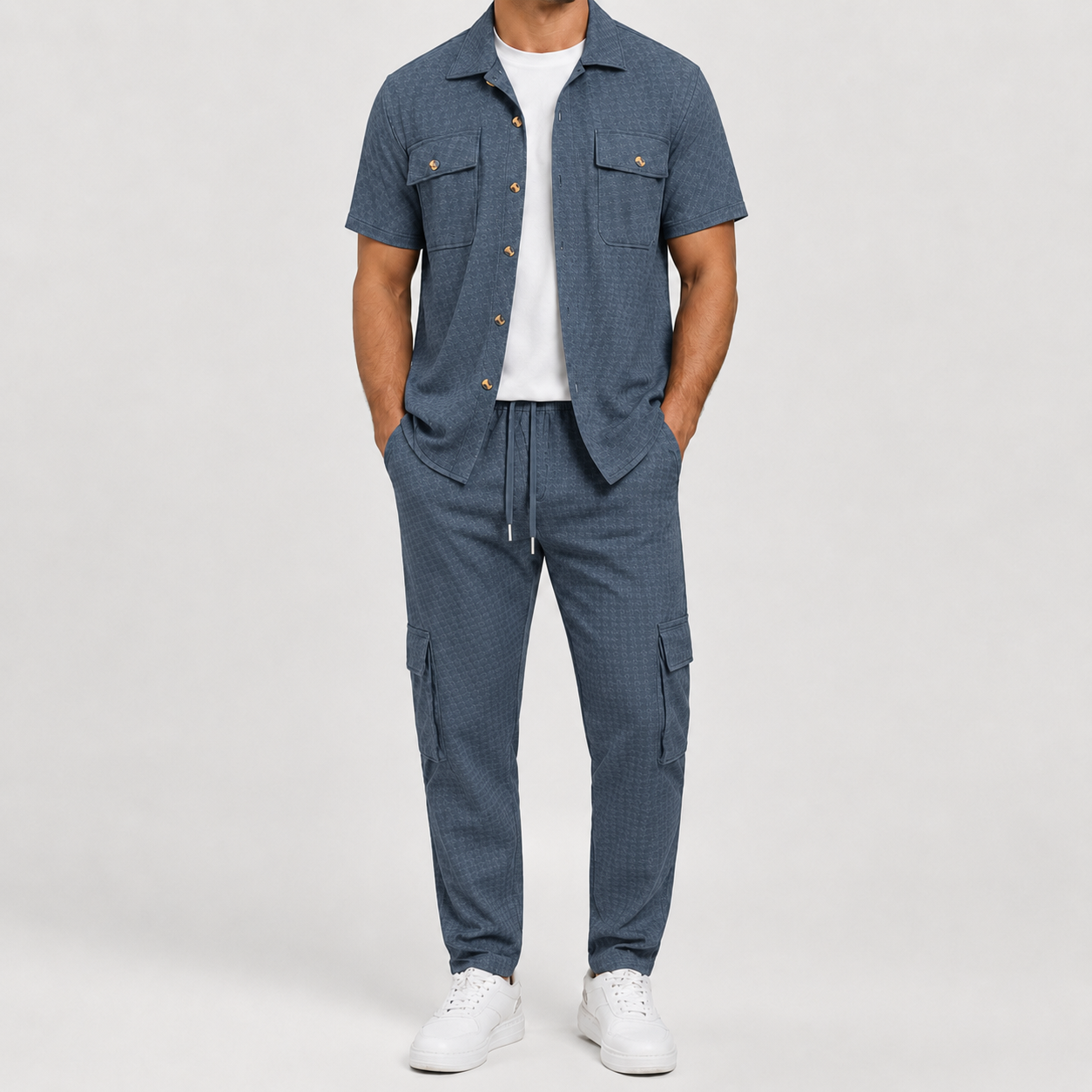 Steel Blue textured short sleeve shirt and cargo jogger pants set