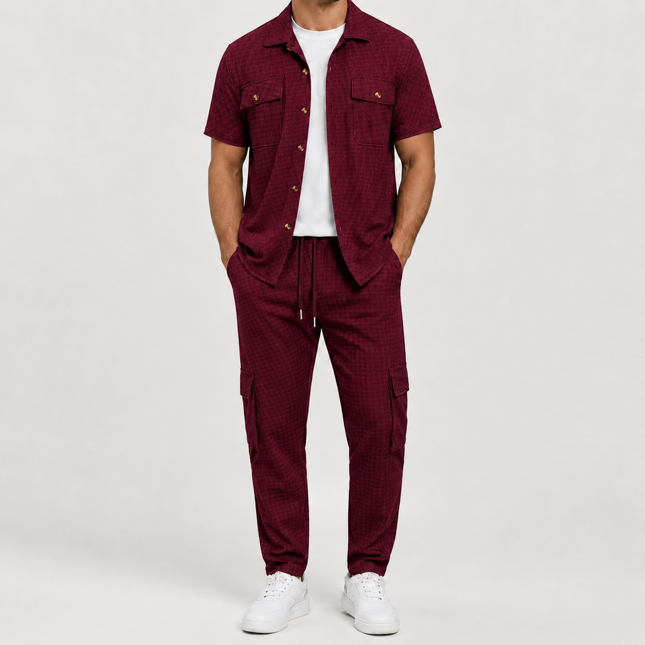 Burgundy textured short sleeve shirt and cargo jogger pants set