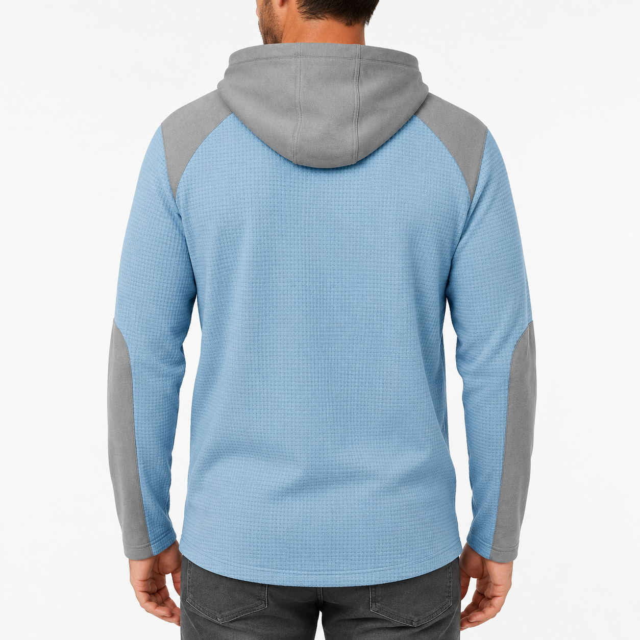 Men's light sky blue textured lace-up hoodie back view