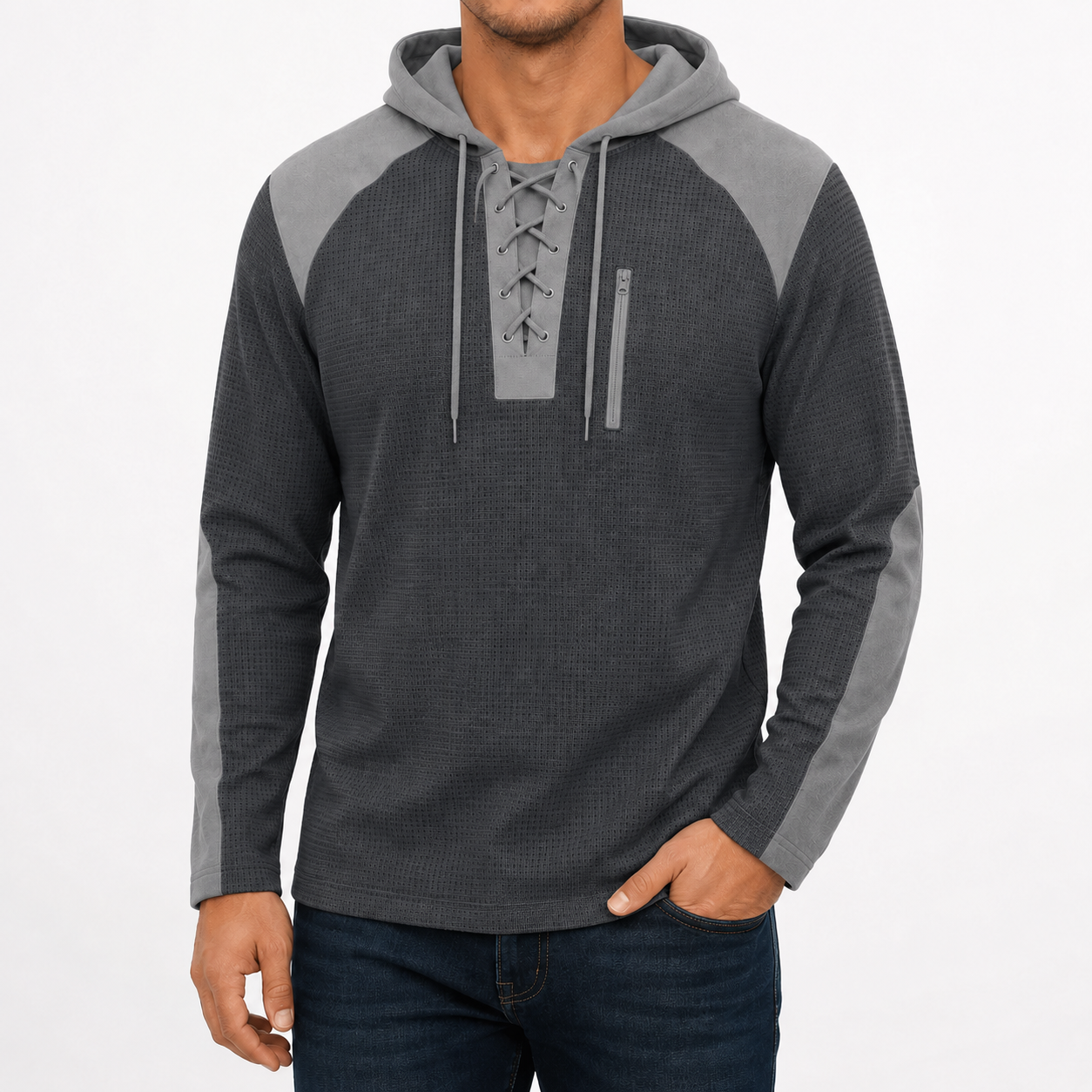Men's heather charcoal textured lace-up hoodie front